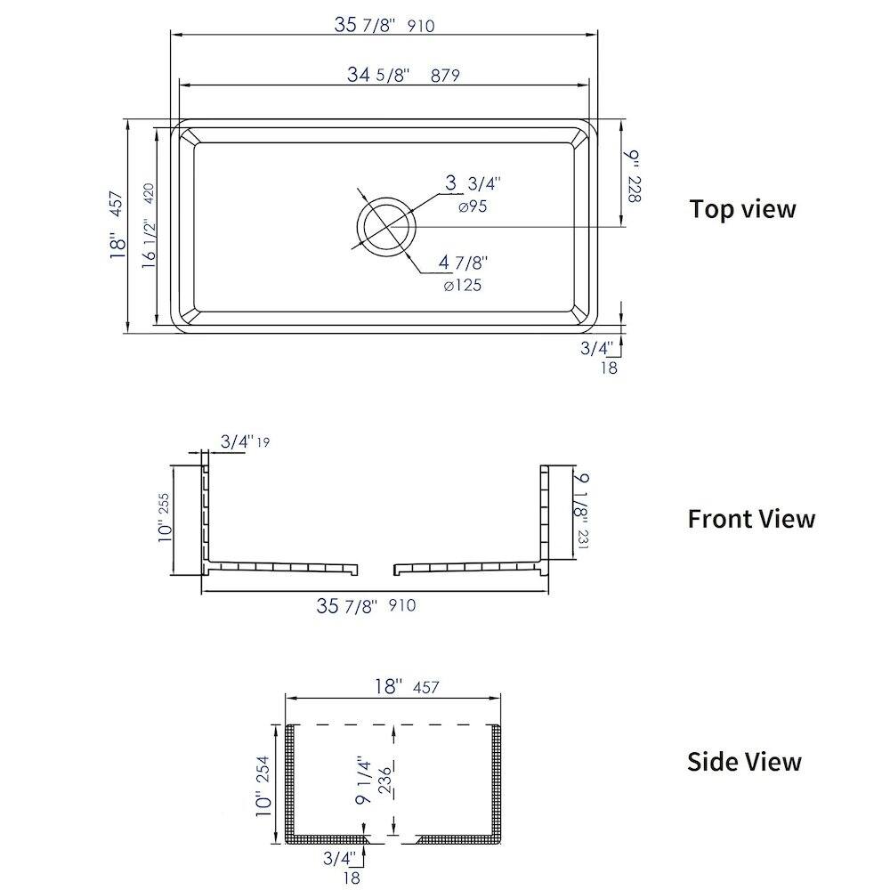 Sure, here is the corrected and grouped text from the image:

**Top view:**
- 35 7/8" 910
- 34 5/8" 879
- 3 3/4" 95
- 4 7/8" 125
- 9" 228
- 3/4" 18
- 3/4" 18
- 3/4" 18
- 3/4" 18
- 3/4" 18
- 3/4" 18
- 3/4" 18
- 3/4" 18
- 3/4" 18
- 3/4" 18
- 3/4" 18
- 3/4" 18
- 3/4" 18
- 3/4" 18
- 3/4" 18
- 3/4" 18
- 3/4" 18
- 3/4"