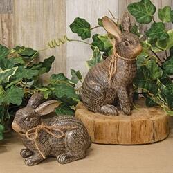 Angle. BreeBe - 2/Set - Carved Look Hatch Mark Bronze Finish Resin Bunnies - Bronze.