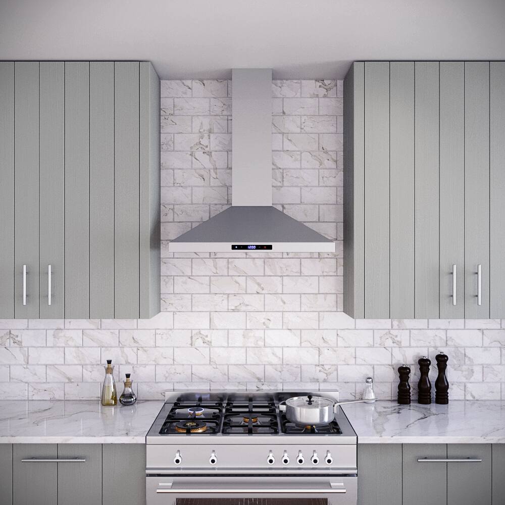 Left. Streamline - 30 in. Giulio Convertible Wall Mount 350 CFM Range Hood, Baffle Filters, Touchpad Control, LED Lights - Brushed Stainless Steel.