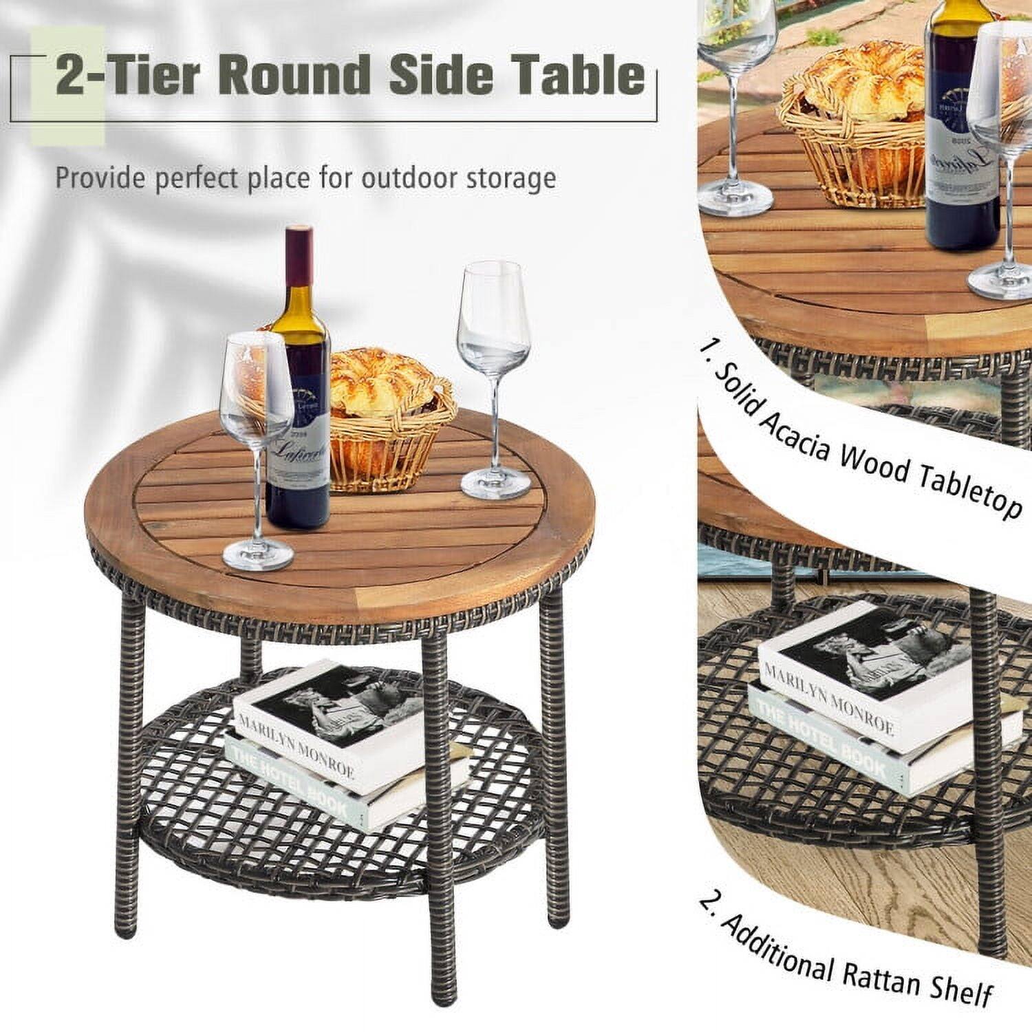 2-Tier Round Side Table

Provide perfect place for outdoor storage

1. Solid Acacia Wood Tabletop
2. Additional Rattan Shelf