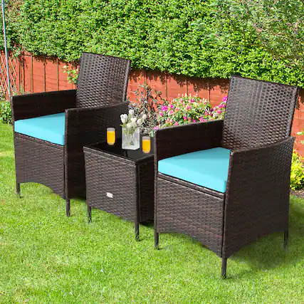 Front. Gymax - Gymax 3PCS Outdoor Rattan Conversation Set Patio Furniture Set w/ Blue Cushions - Brown.