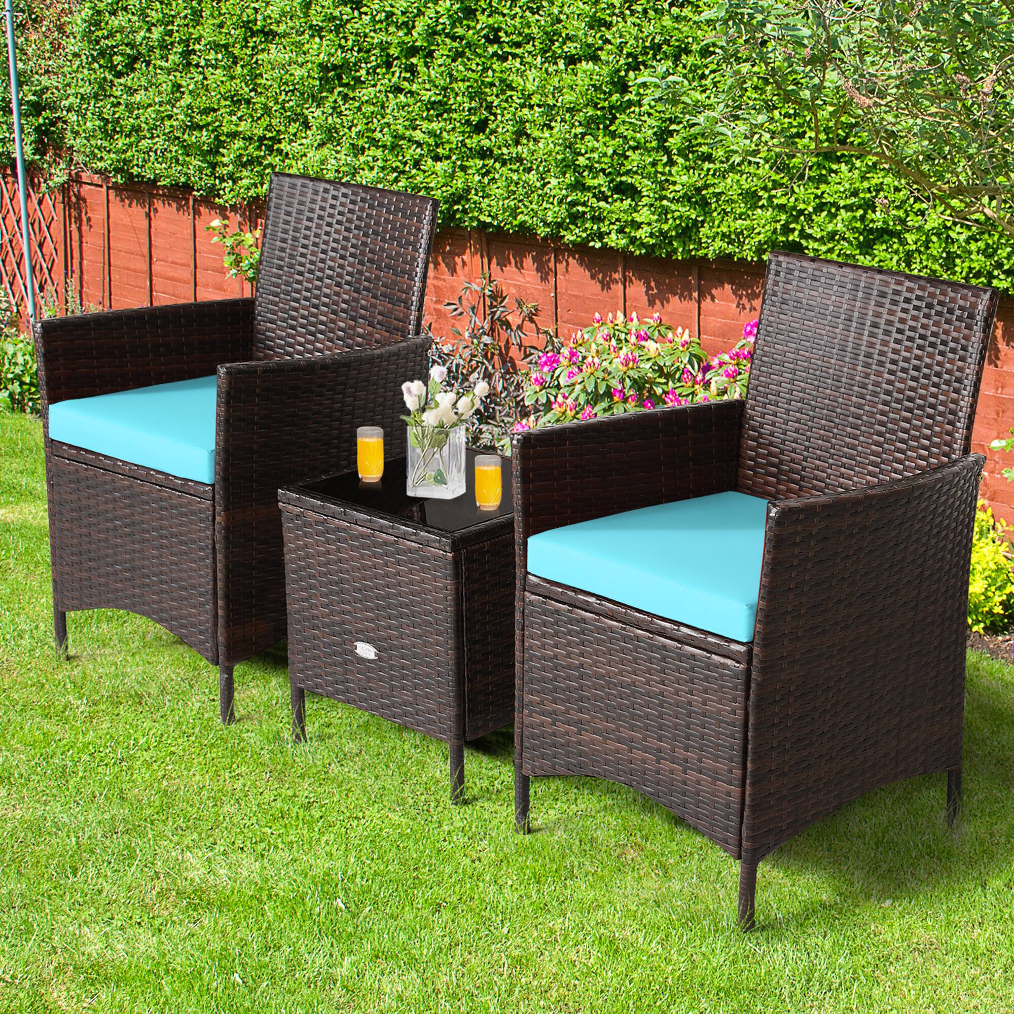 Front. Gymax - Gymax 3PCS Outdoor Rattan Conversation Set Patio Furniture Set w/ Blue Cushions - Brown.
