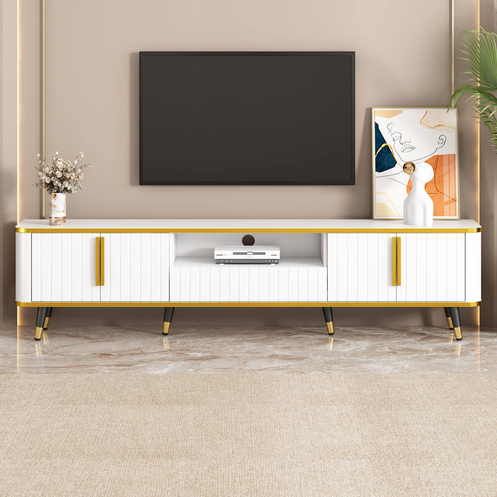 Angle. APRILSOUL - Luxury Minimalism TV Stand with Open Storage Shelf for TVs Up to 85in with Cabinets and Drawers Unique Legs White - White+Gold.