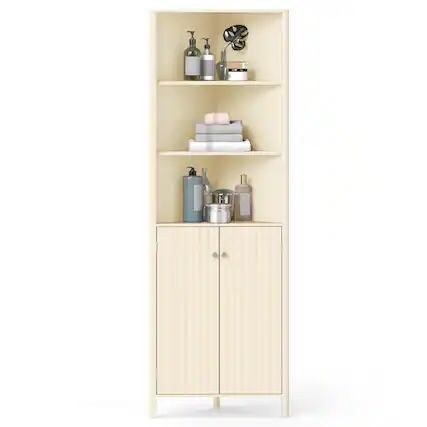 Front. Ecooso - 68" Tall Corner Bathroom Cabinet with 5 Shelves and 2 Fluted Doors, Space-Saving Storage - Beige.