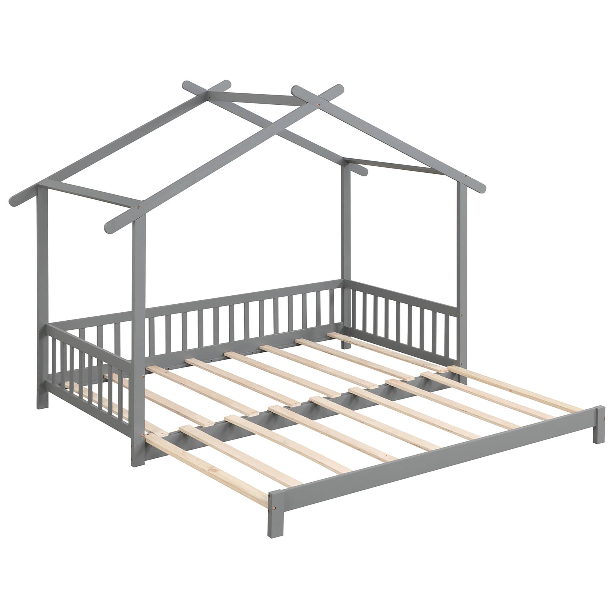 Alt View 9. Gymax - Gymax Wooden House Bed Twin to King Daybed w/ Safety Rails & Decorable Roof Gray - Gray.