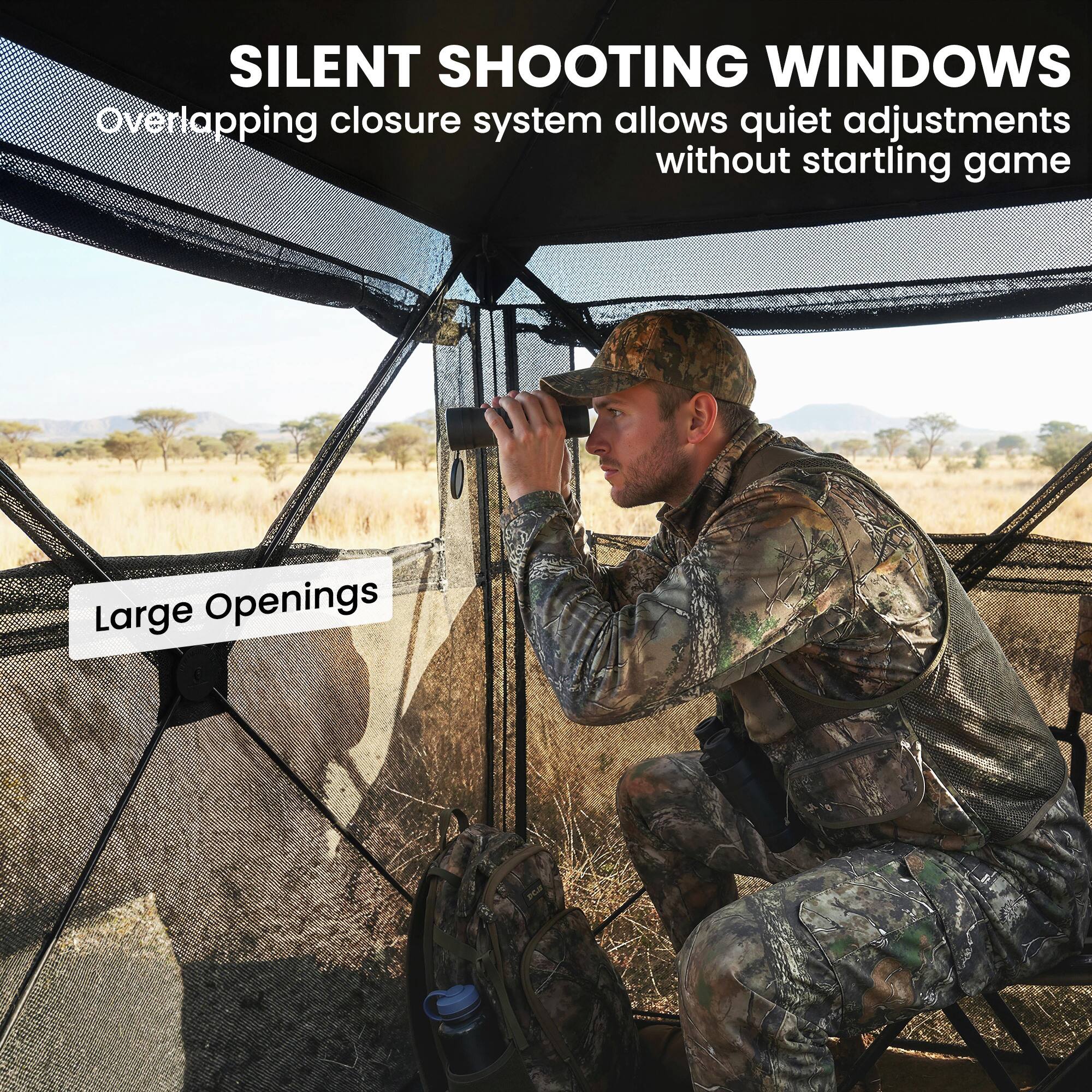 SILENT SHOOTING WINDOWS  
Overlapping closure system allows quiet adjustments without startling game  

Large Openings