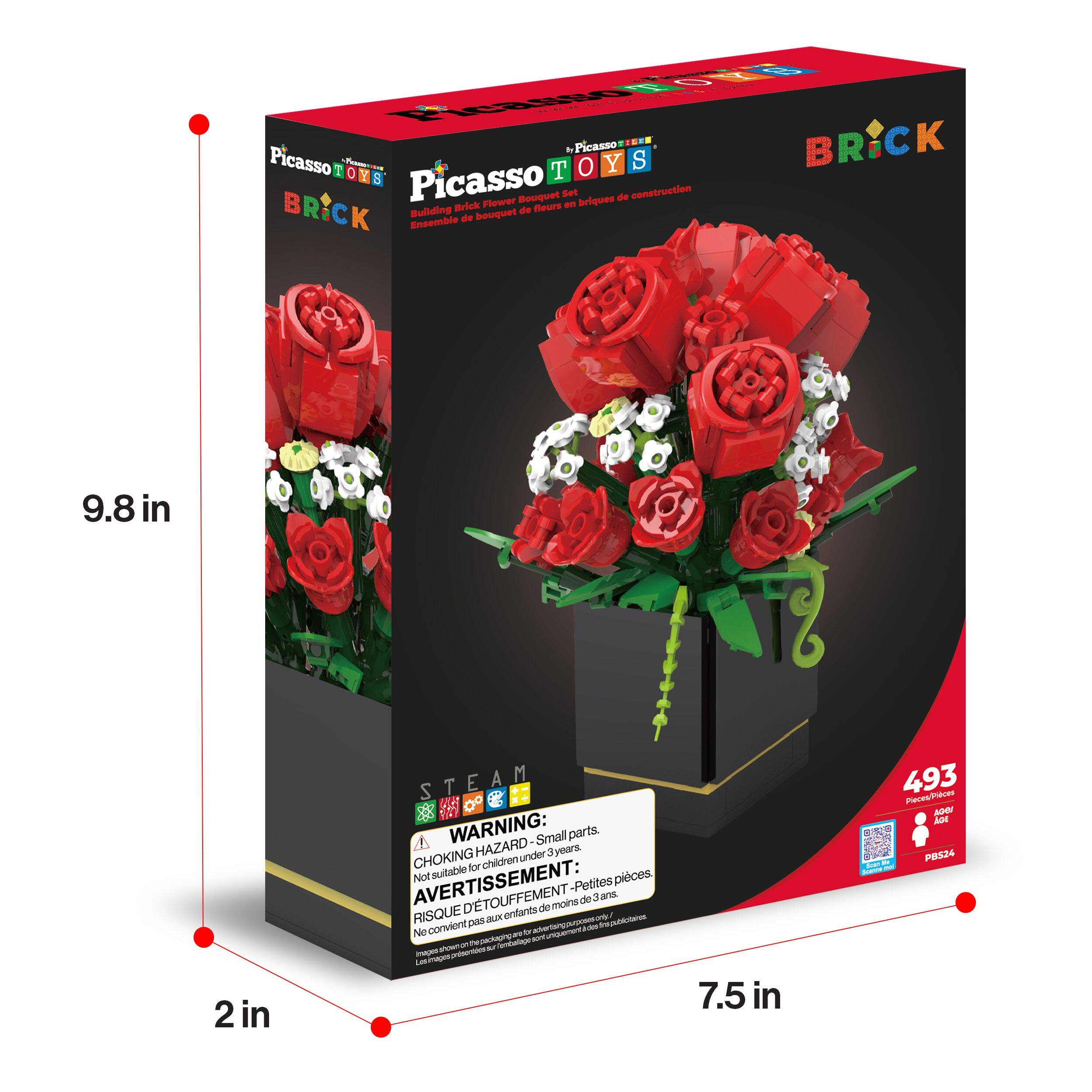 Picasso TOYS  
BRICK  
Building Flower Bouquet Set  
Ensemble de bouquet de fleurs en briques de construction  

9.8 in  
2 in  
7.5 in  

STEAM WARNING: HAZARD Small parts. CHOKING HAZARD - Not suitable for children under 3 years.  
AVERTISSEMENT: RISQUE DE TOUFFEMENT - Petites pièces. Ne convient pas aux enfants de moins de 3 ans.  

493 Pieces  
PBS24