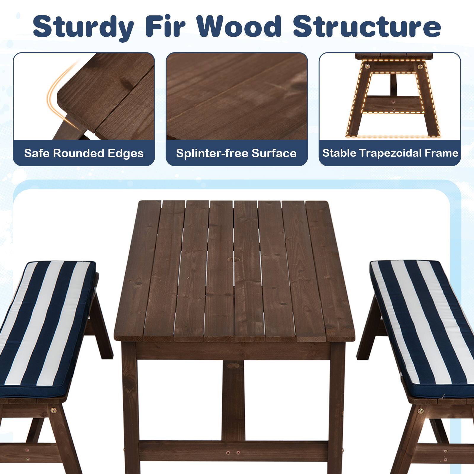 Sturdy Fir Wood Structure  
Safe Rounded Edges  
Splinter-free Surface  
Stable Trapezoidal Frame