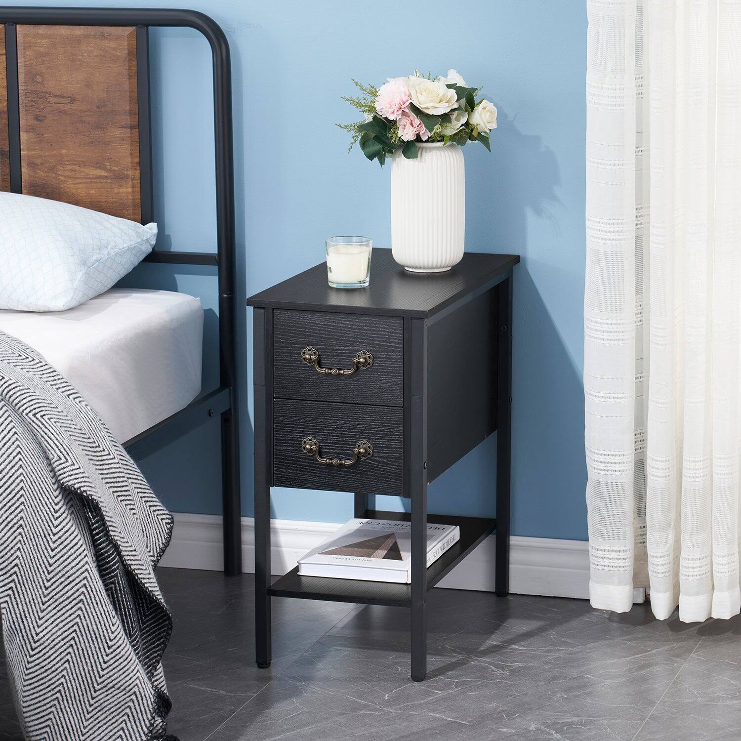 Alt View 2. Vecelo - Set of 2 Industrial Nightstand with 2 Drawers-Narrow End Table with Metal Frame, 11.8" Thin Side Table for Small Spaces - Black.