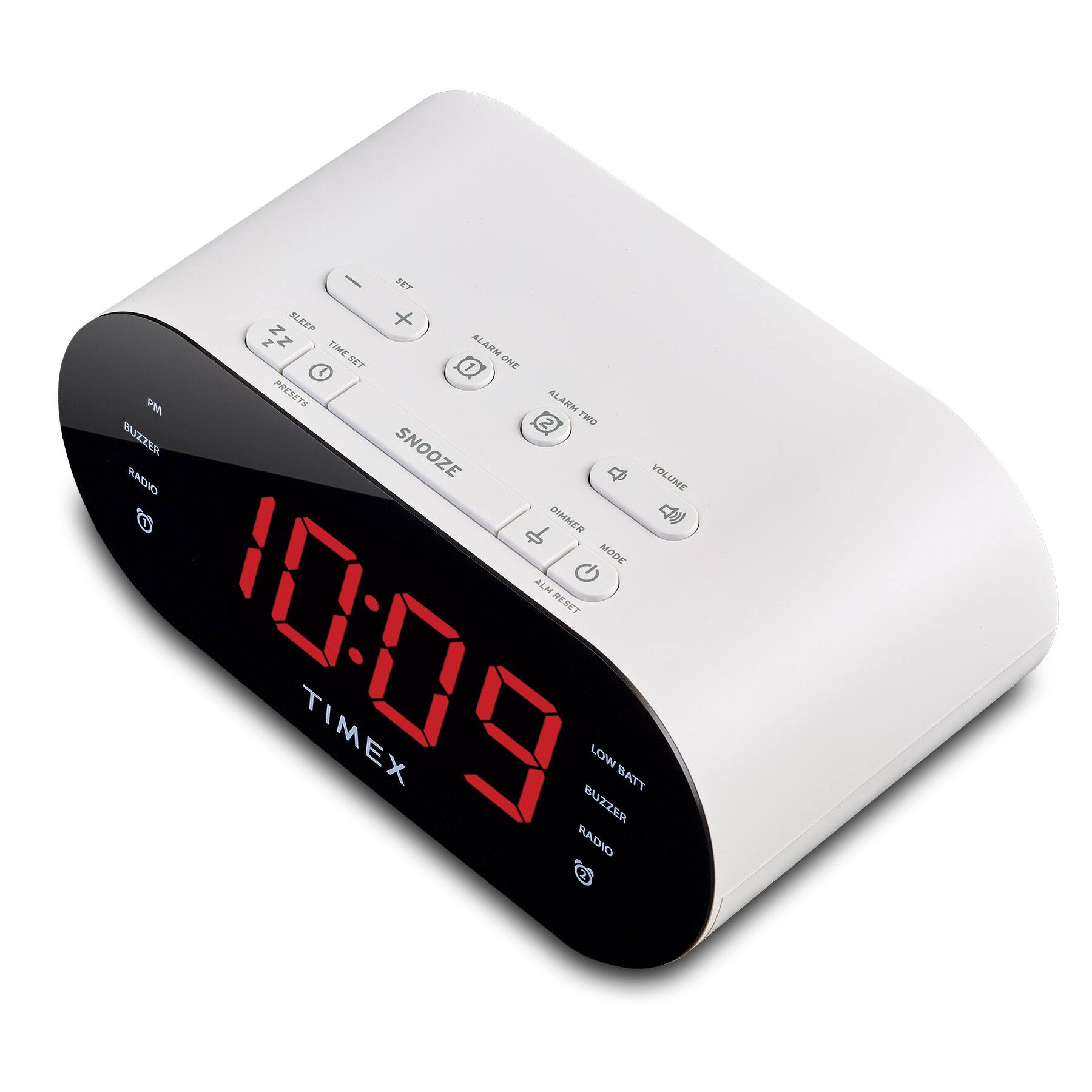 - SET ELEEP Z TIME ALARM TIME SET BET ONE PMA PRESETS ALARM TWO BUIZZER SNOOZE RADIO VOLUME ( + DIMMER MODE ALM G RESET 10:09 TIMEX BUZZER LOW BATT RADIO U's

Corrected text:

- SET SLEEP Z TIME ALARM TIME SET ALARM ONE ALARM TWO SNOOZE RADIO VOLUME ( + DIMMER MODE ALM G RESET 10:09 TIMEX BUZZER LOW BATT RADIO