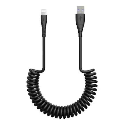 Front. Stock Preferred - Spring Coiled Fast Charging & Data Cable – 5FT TPU Cord for iPhone 14/13/12/11/X/Pro/Plus/Pro Max - Black.