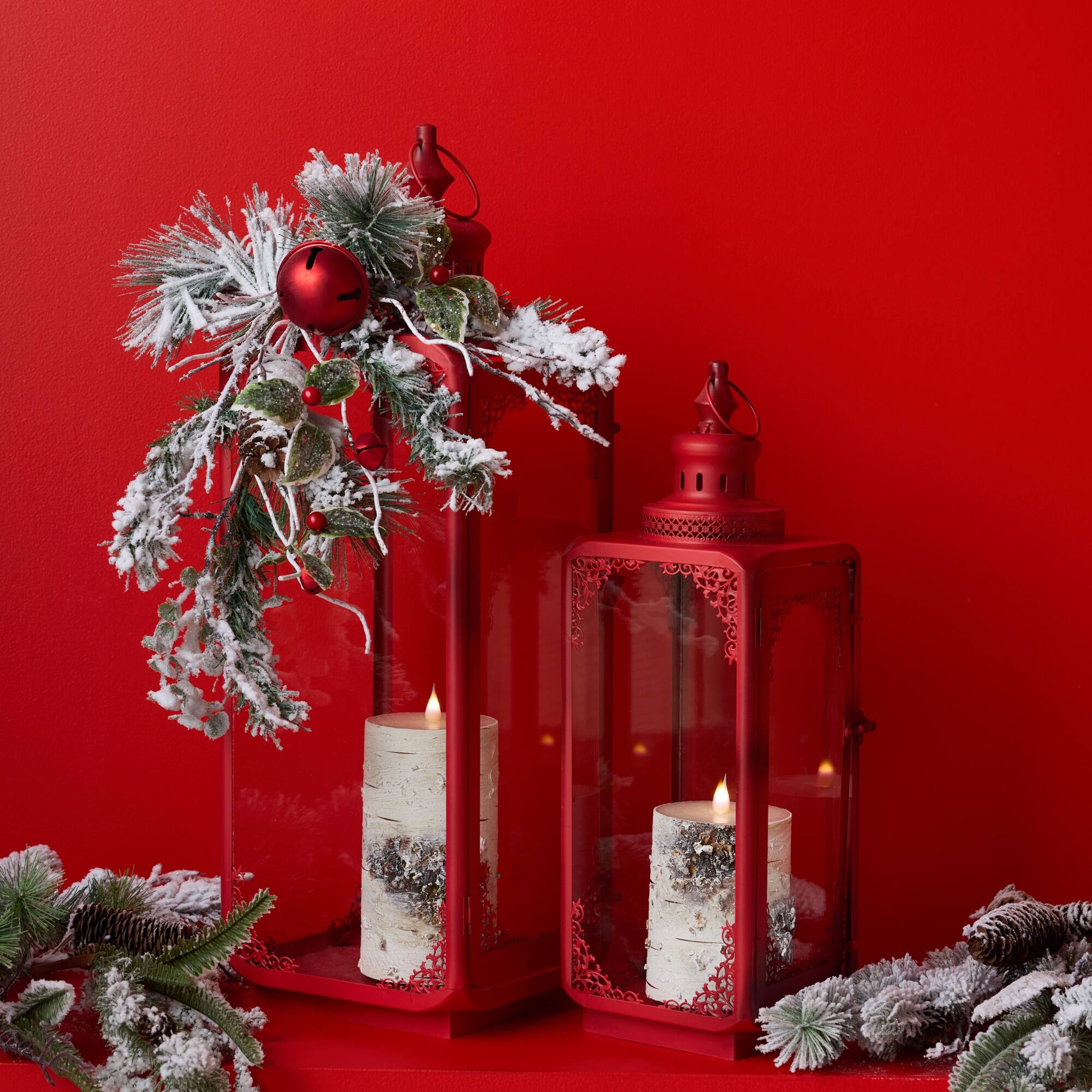 Left. BreeBe - Flocked Oranment Pine Spray (Set of 2) - White, Green, Red.