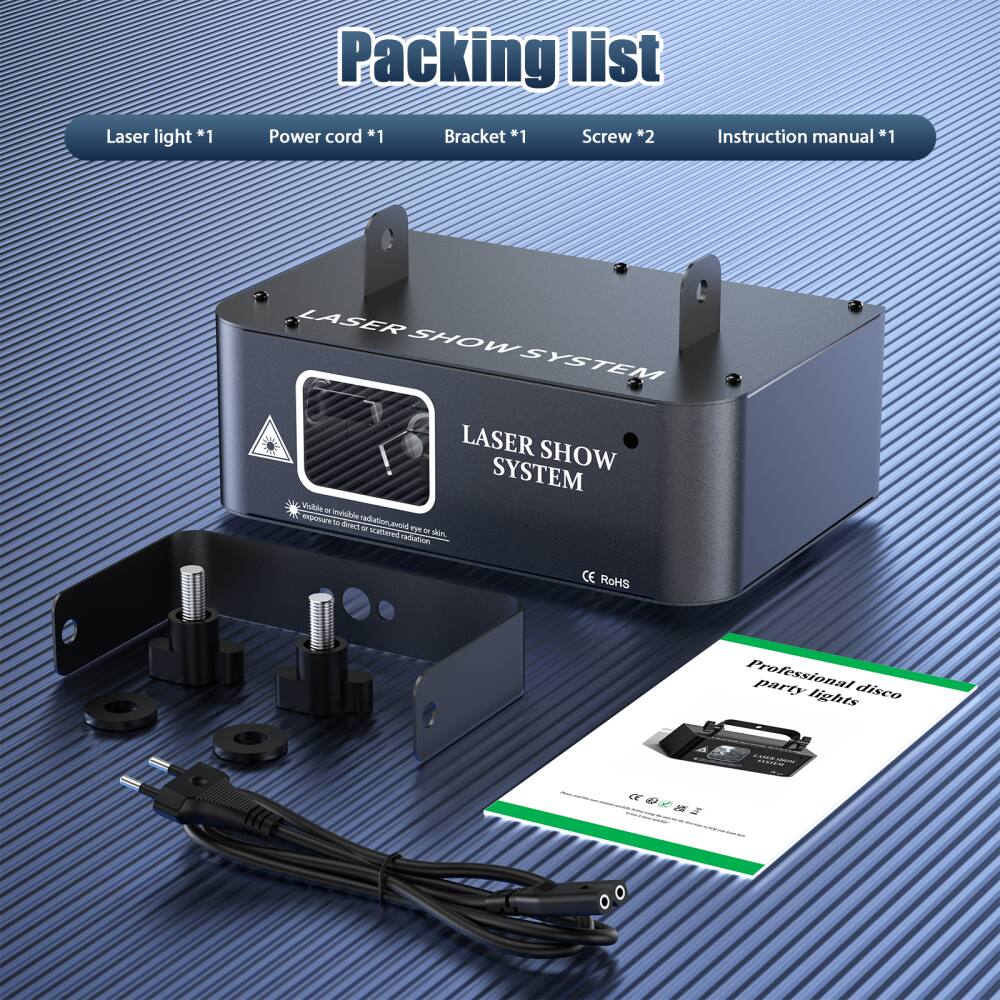 Packing list

- Laser light *1
- Power cord *1
- Bracket *1
- Screw *2
- Instruction manual *1

LASER SHOW SYSTEM

Professional disco party lights

CE RoHS