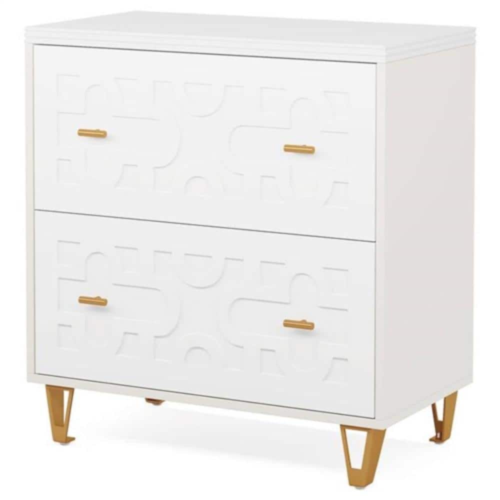 Hivvago - Retro White/Gold Geometric Scroll 2 Drawer Filing Cabinet Printer Stand - White, Gold