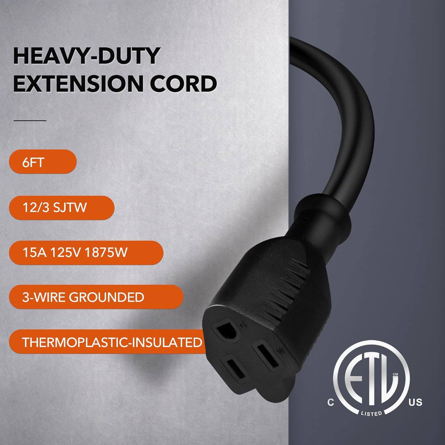 BN LINK 6 ft Outdoor Extension Cord, 12/3 SJTW Heavy Duty, 3 Prong