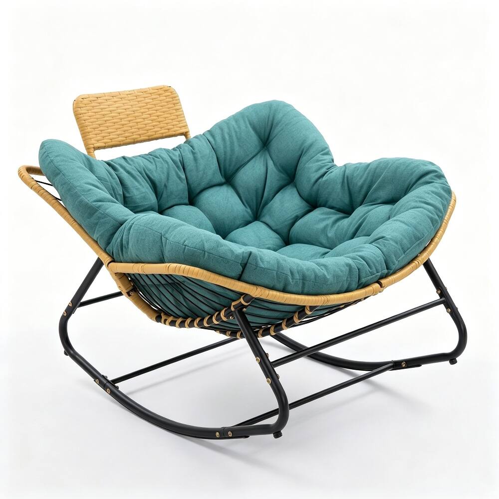 Alt View 1. Loheer - Loheer Papasan Rocking Chair Oversized Outdoor Egg Chair with Green Cushion Indoor Wicker Rocker - Green.