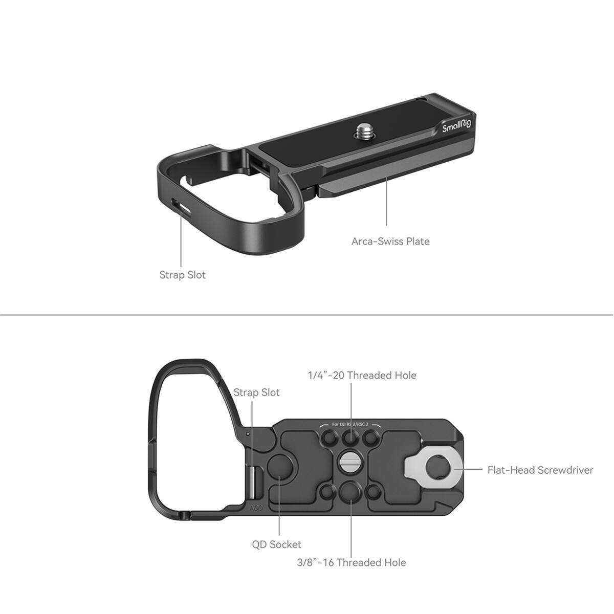 Smallg Arca-Swiss Plate Strap Slot Strap Slot 1/4"-20 20 Threaded Hole for a JC2 Flat-Head Screwdriver N00 QD Socket 3/8"-16 16 Threaded Hole