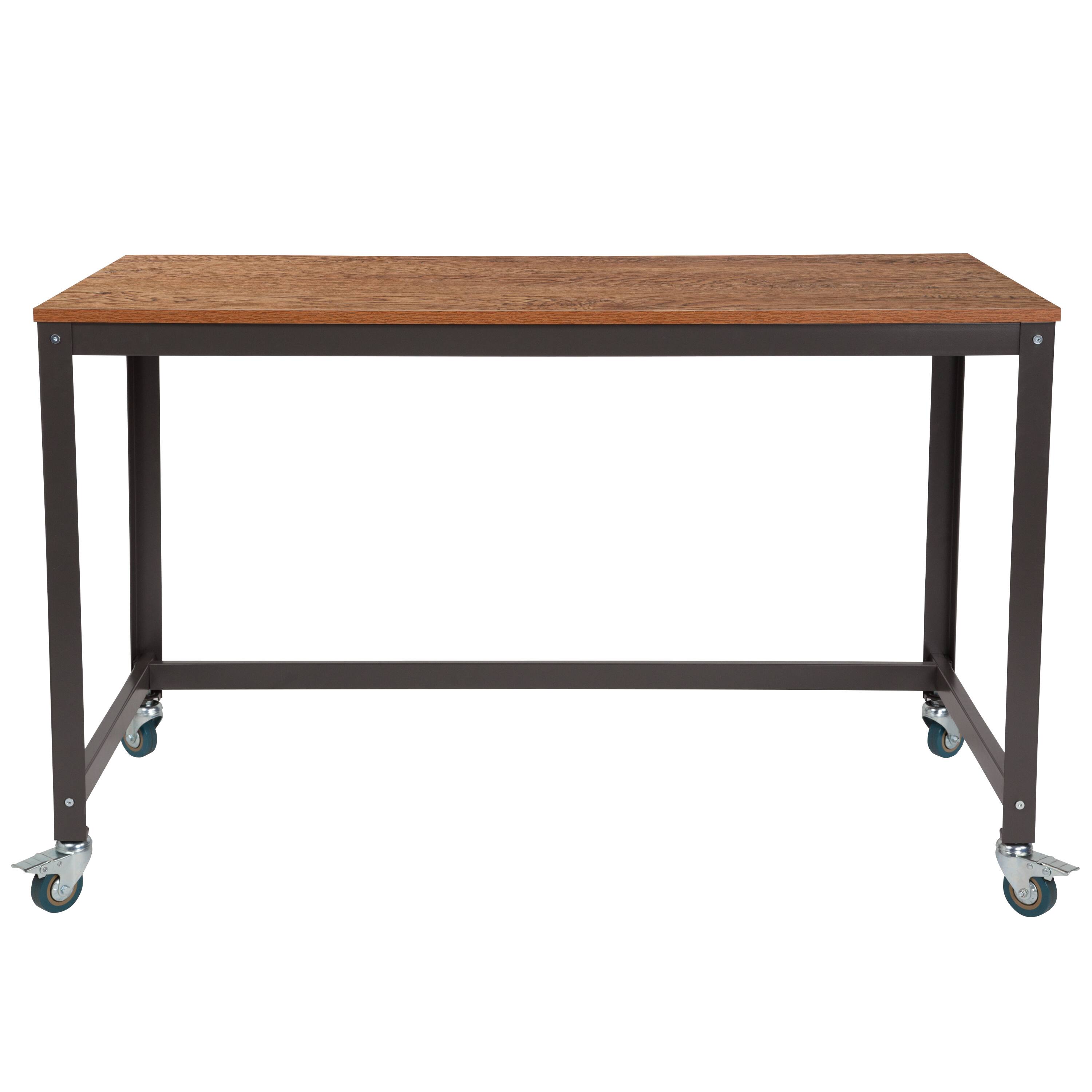 Alt View 5. Emma + Oliver - Computer Table and Desk in Wood Grain Finish with Metal Wheels - Brown Oak.
