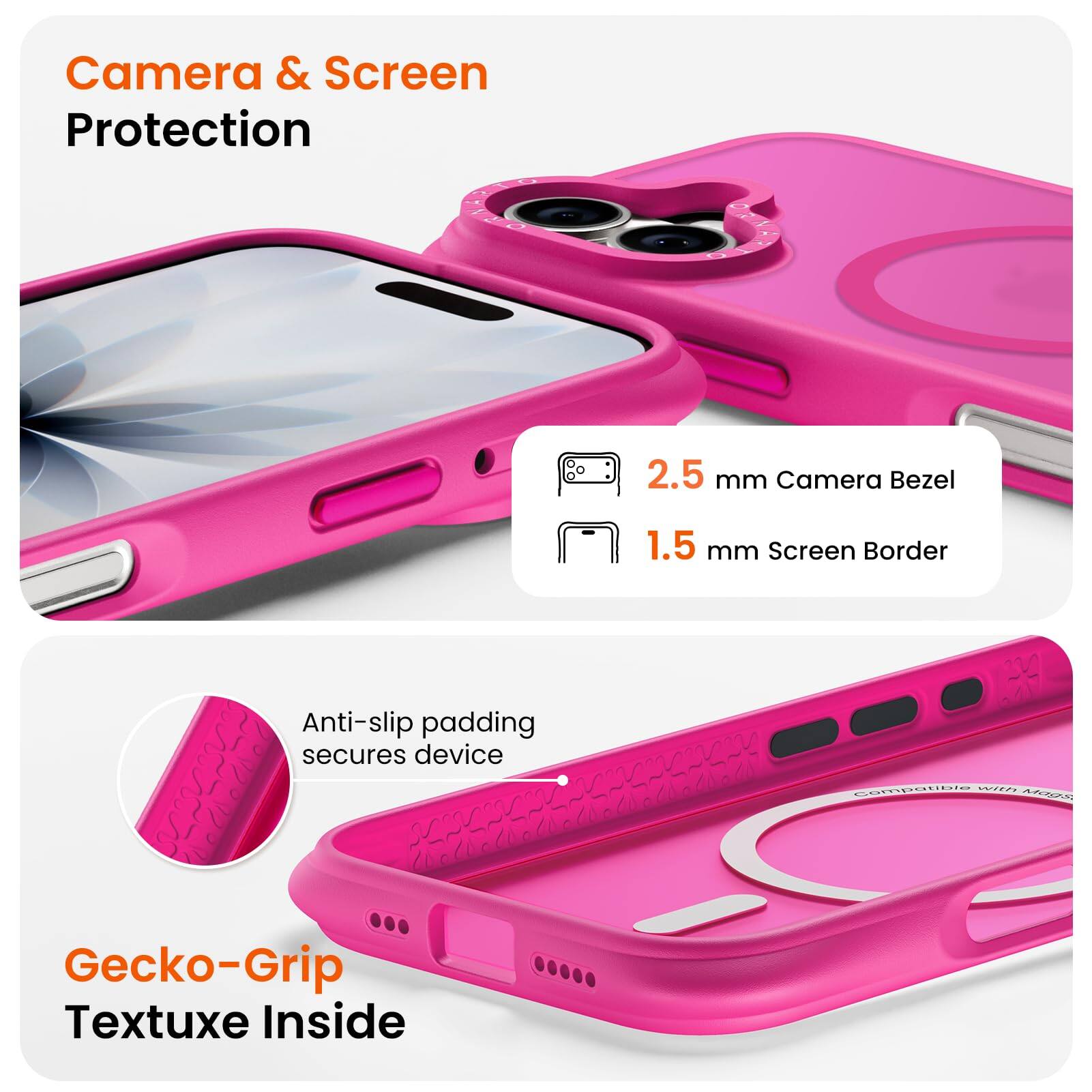 Camera & Screen Protection

2.5 mm Camera Bezel  
1.5 mm Screen Border

Anti-slip padding secures device

Gecko-Grip Textuxe Inside