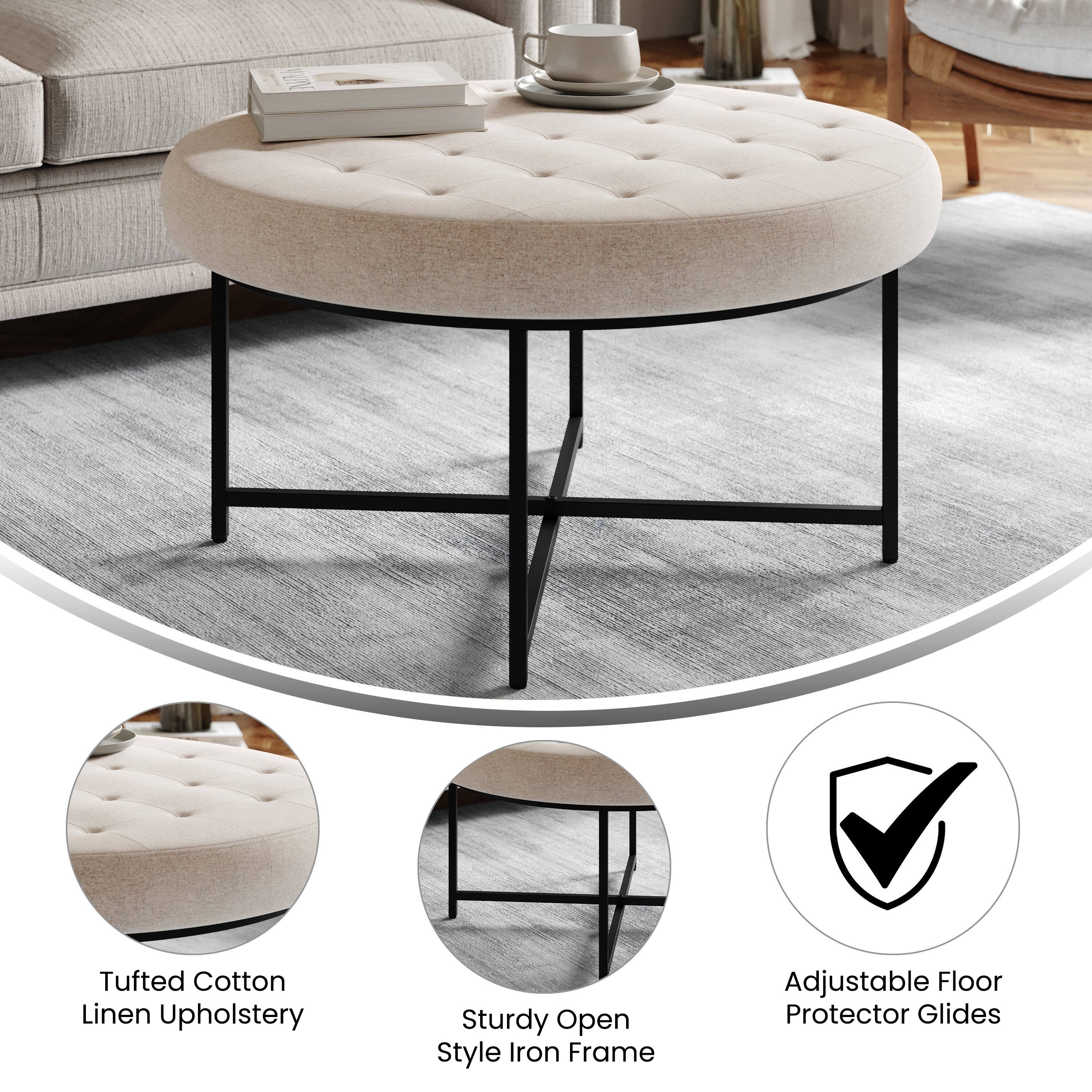 Tufted Cotton Linen Upholstery  
Sturdy Open Style Iron Frame  
Adjustable Floor Protector Glides