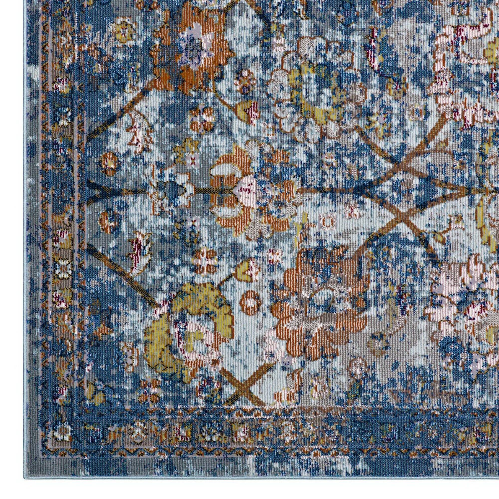 Alt View 1. Modway - Minu Distressed Floral Lattice Area Rug - Blue Gray Yellow and Orange.