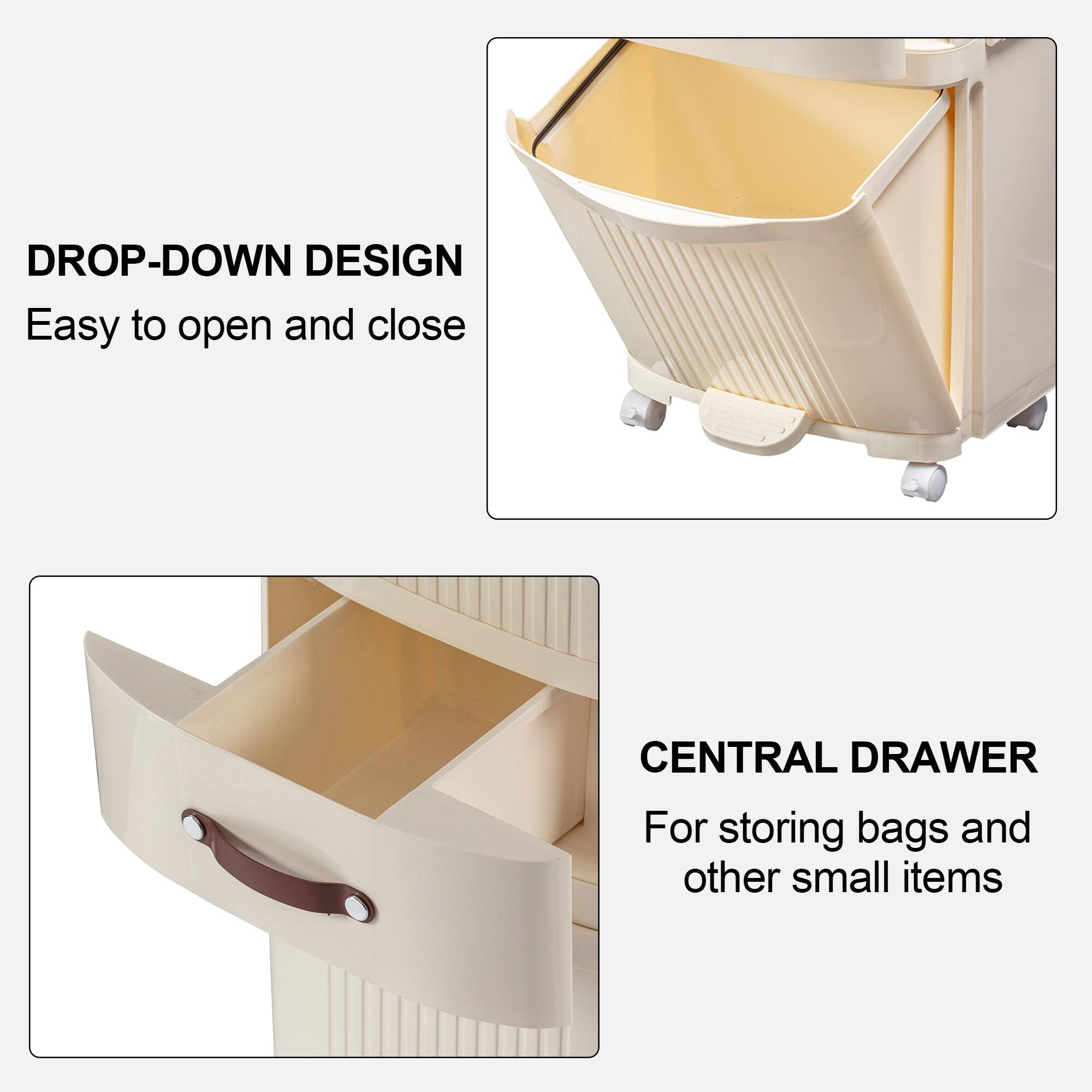DROP-DOWN DESIGN  
Easy to open and close  

CENTRAL DRAWER  
For storing bags and other small items