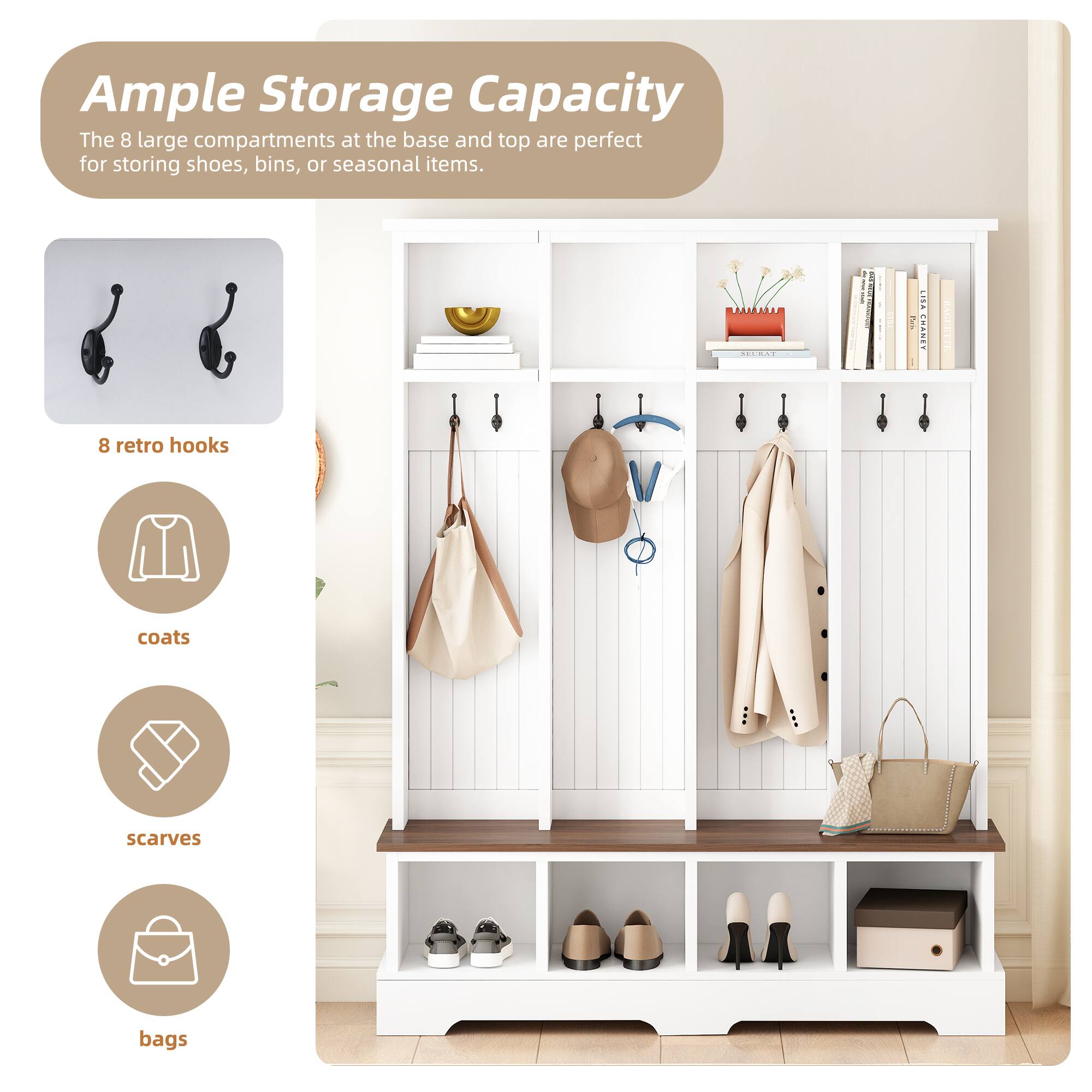 Ample Storage Capacity  
The 8 large compartments at the base and top are perfect for storing shoes, bins, or seasonal items.

- 8 retro hooks
- coats
- scarves
- bags