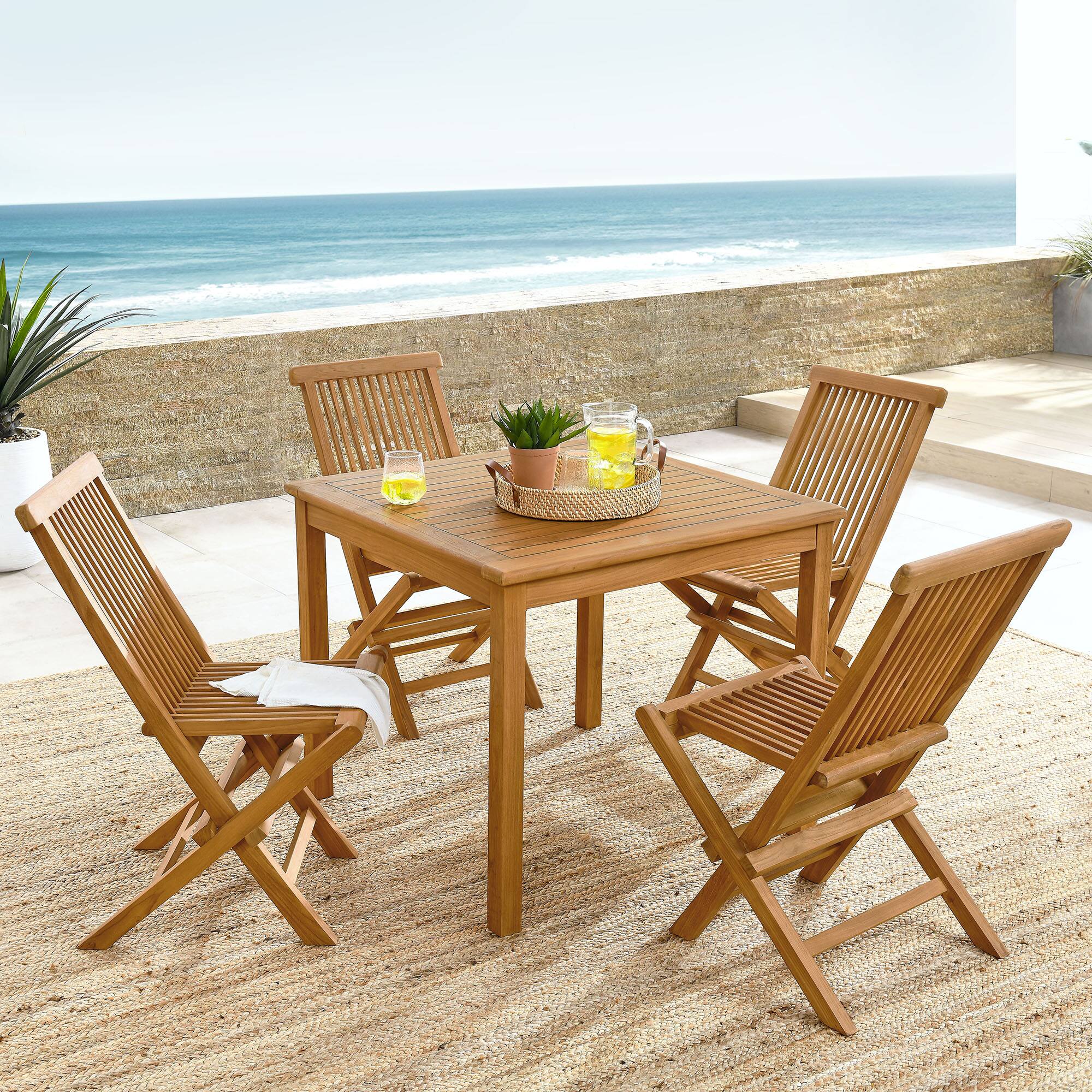 Vienna 5-Piece Outdoor Patio Teak Wood Dining Set with Folding Chairs by Modway - Natural Natural