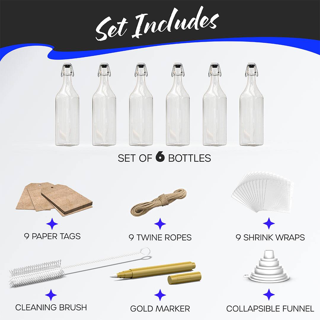 Set Includes

- SET OF 6 BOTTLES
- 9 PAPER TAGS
- 9 TWINE ROPES
- 9 SHRINK WRAPS
- CLEANING BRUSH
- GOLD MARKER
- COLLAPSIBLE FUNNEL
