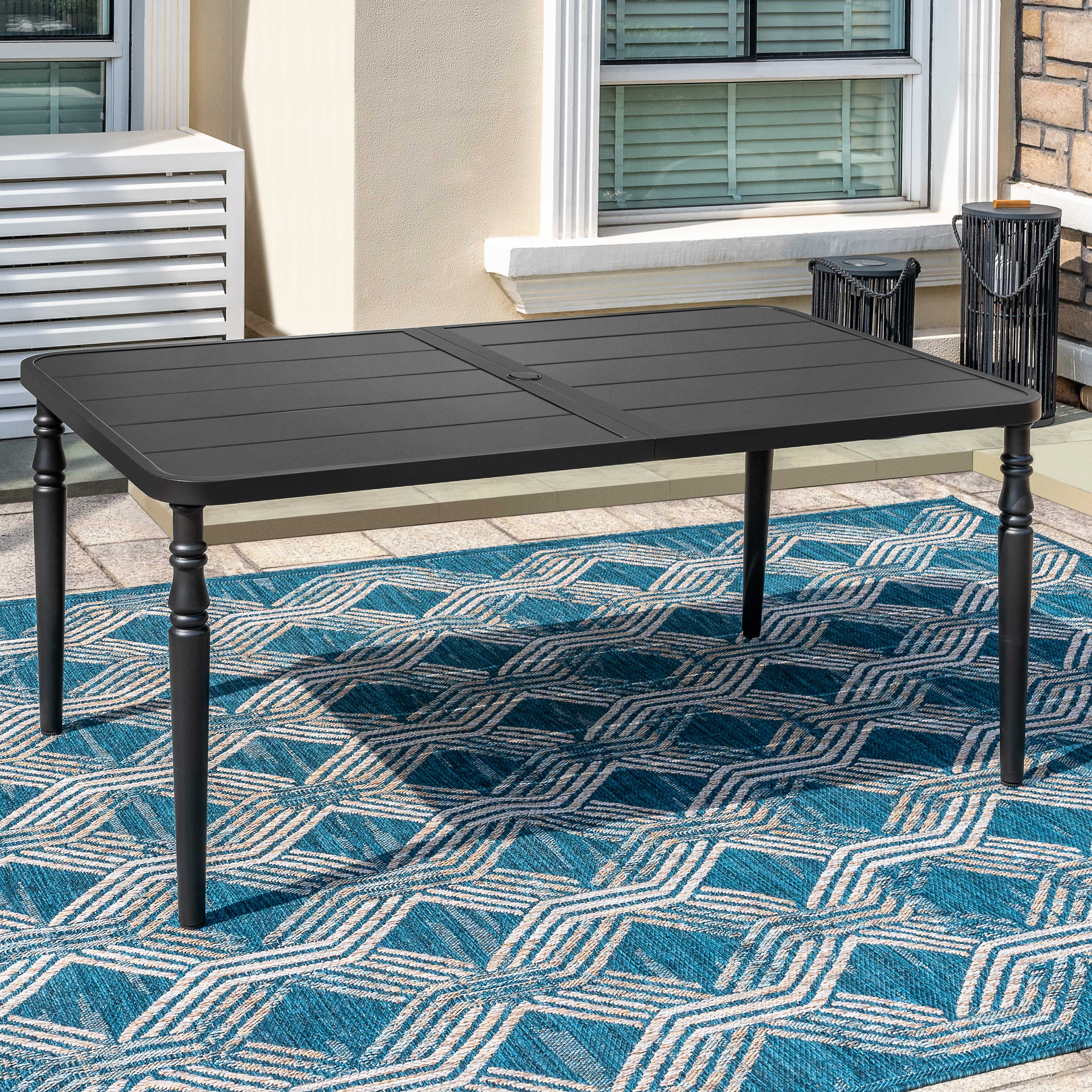 Angle. Nuu Garden - Outdoor 61'' x 37'' Rectangle Iron Dining Table with 1.6'' Umbrella Hole, Slatted Tabletop - Black.