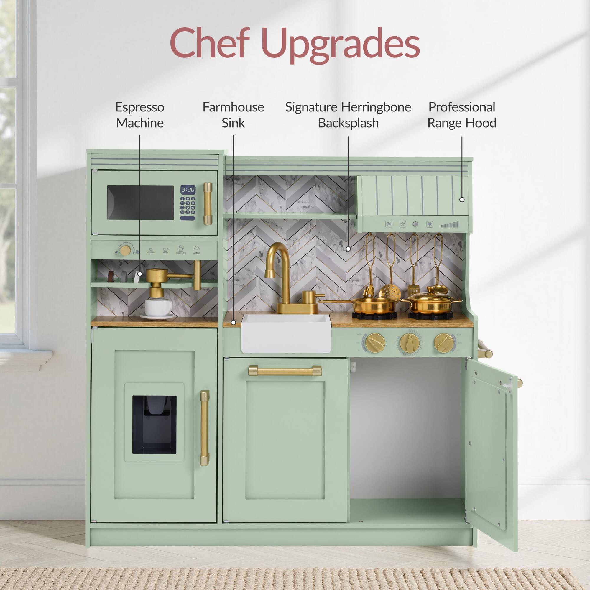 Chef Upgrades  
Espresso Machine  
Farmhouse Sink  
Signature Herringbone Backsplash  
Professional Range Hood