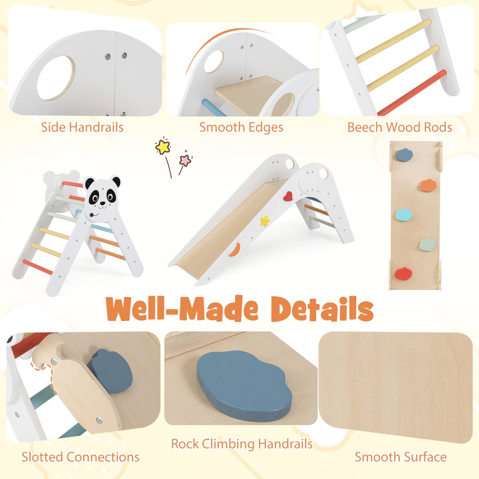 Side Handrails  
Smooth Edges  
Beech Wood Rods  
Well-Made Details  
Slotted Connections  
Rock Climbing Handrails  
Smooth Surface