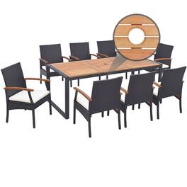 Pefilos - 9 Pieces Patio Rattan Dining Set with Acacia Wood Table for Backyard Garden-Wood Handrail, Furniture Conversation Sets - White