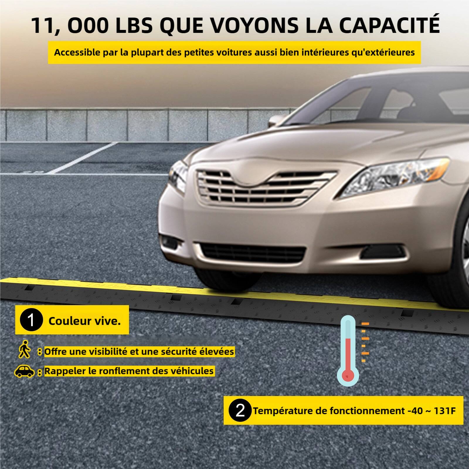 11, 000 LBS QUE VOYONS LA CAPACITE
Accessible par la plupart des petites voitures aussi bien intérieures qu'extérieures
1 Couleur vive.
Offre une visibilité et une sécurité élevées
Rappeler le ronflement des véhicules
2 Température de fonctionnement -40 - 131F