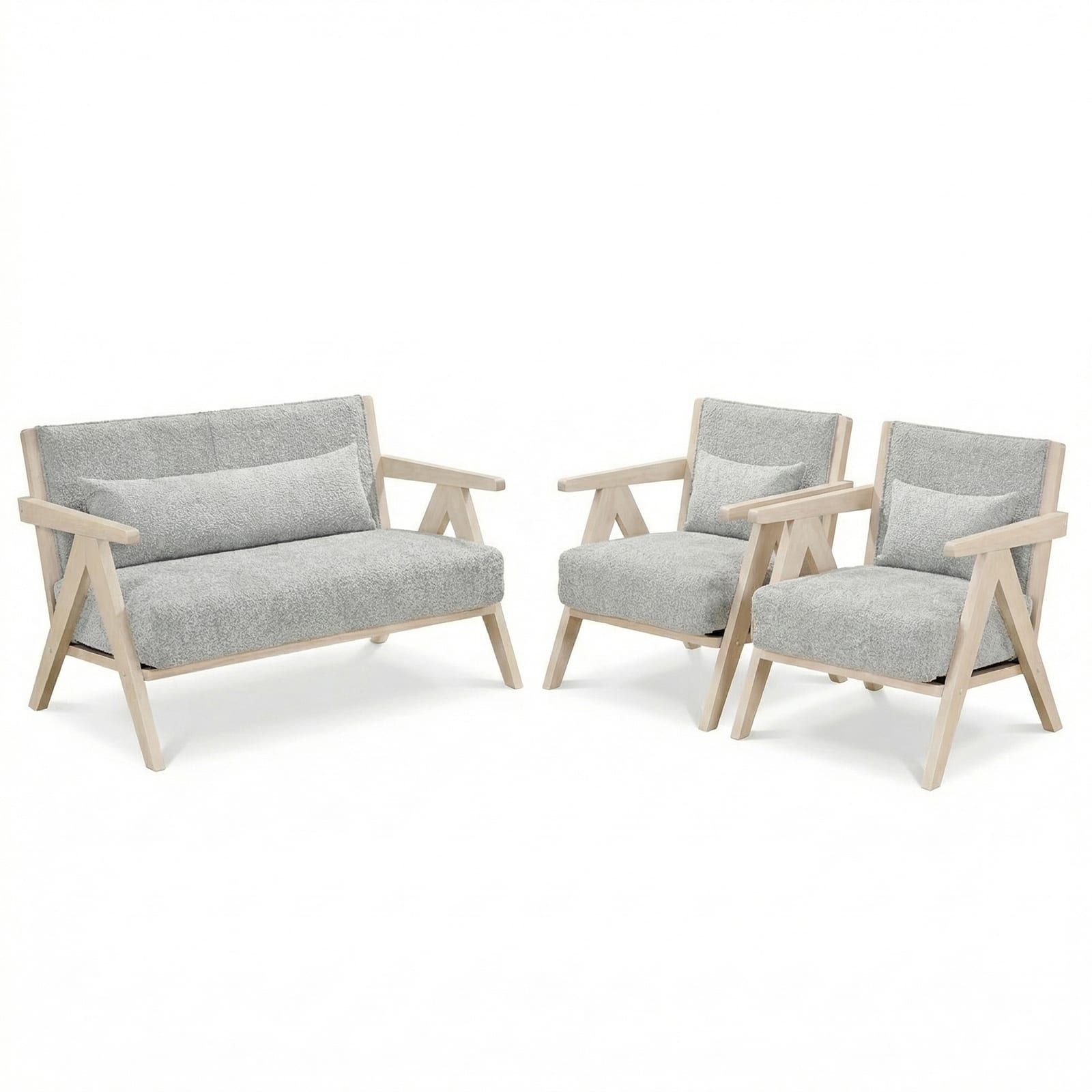 Costway - 3 PCS Living Room Furniture Set with Rubber Wood Frame, Padded Seat, Throw Pillows - Gray