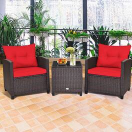 Gymax - 3PCS Outdoor Patio Rattan Conversation Set w/ Coffee Table Red Cushion - Mix Brown