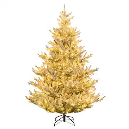 WELLFOR - 7 ft Pre‑lit Snow‑Flocked Hinged Artificial Christmas Tree with 1074 PE‑PVC Branch Tips &450 Warm‑White LED Lights - White & Green