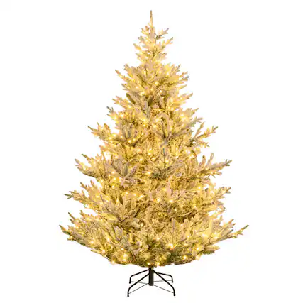 Front. WELLFOR - 7 ft Pre‑lit Snow‑Flocked Hinged Artificial Christmas Tree with 1074 PE‑PVC Branch Tips &450 Warm‑White LED Lights - White & Green.