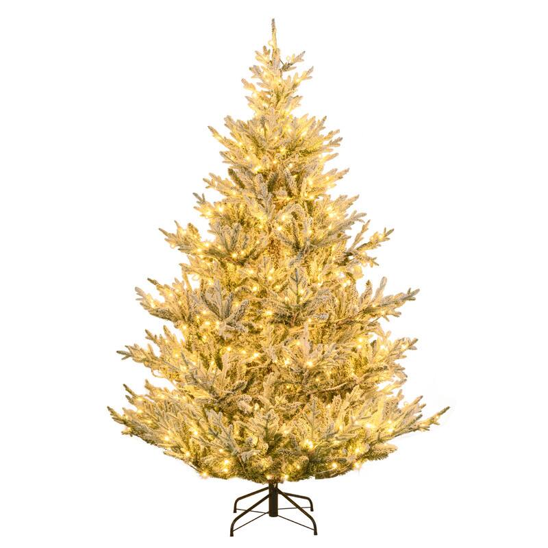 Front. WELLFOR - 7 ft Pre‑lit Snow‑Flocked Hinged Artificial Christmas Tree with 1074 PE‑PVC Branch Tips &450 Warm‑White LED Lights - White & Green.