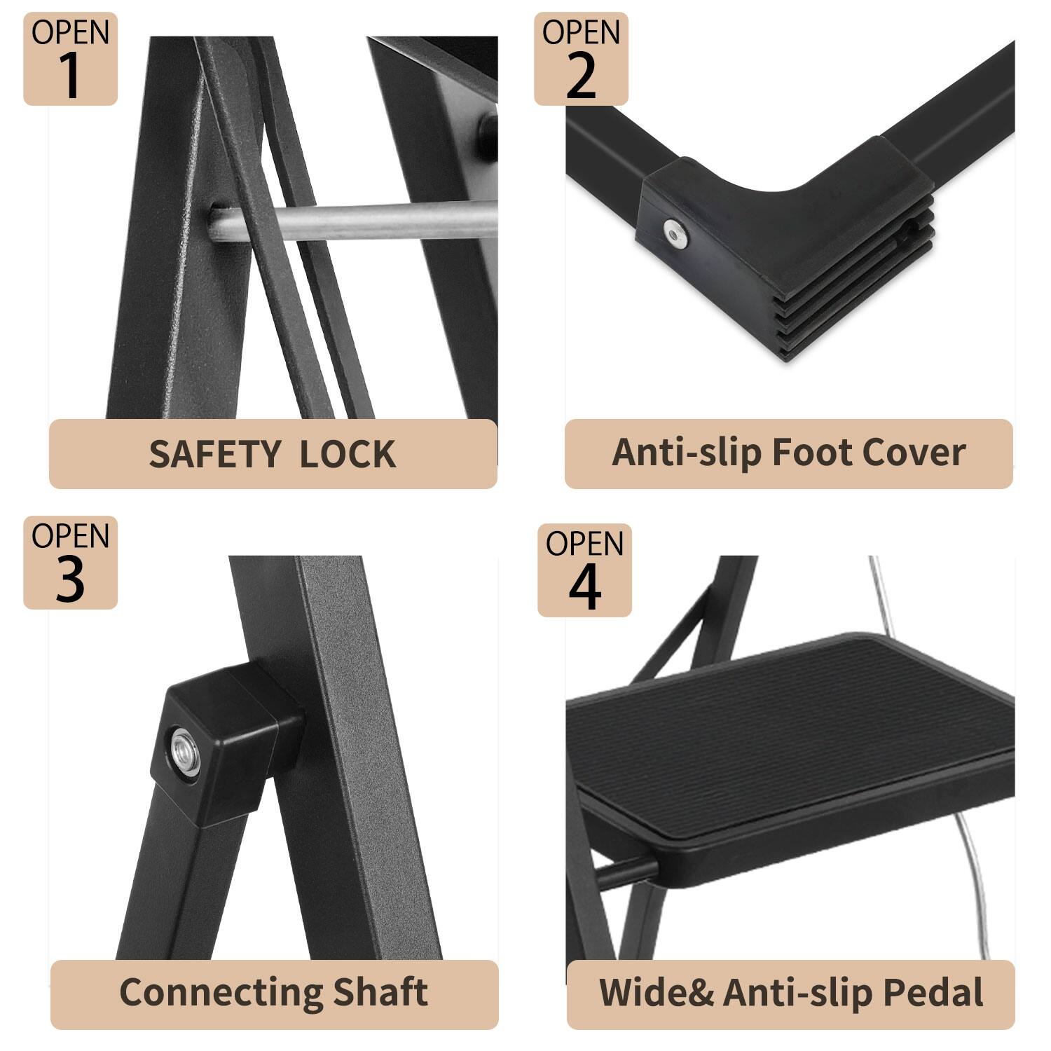 1. OPEN 1  
   SAFETY LOCK

2. OPEN 2  
   Anti-slip Foot Cover

3. OPEN 3  
   Connecting Shaft

4. OPEN 4  
   Wide & Anti-slip Pedal