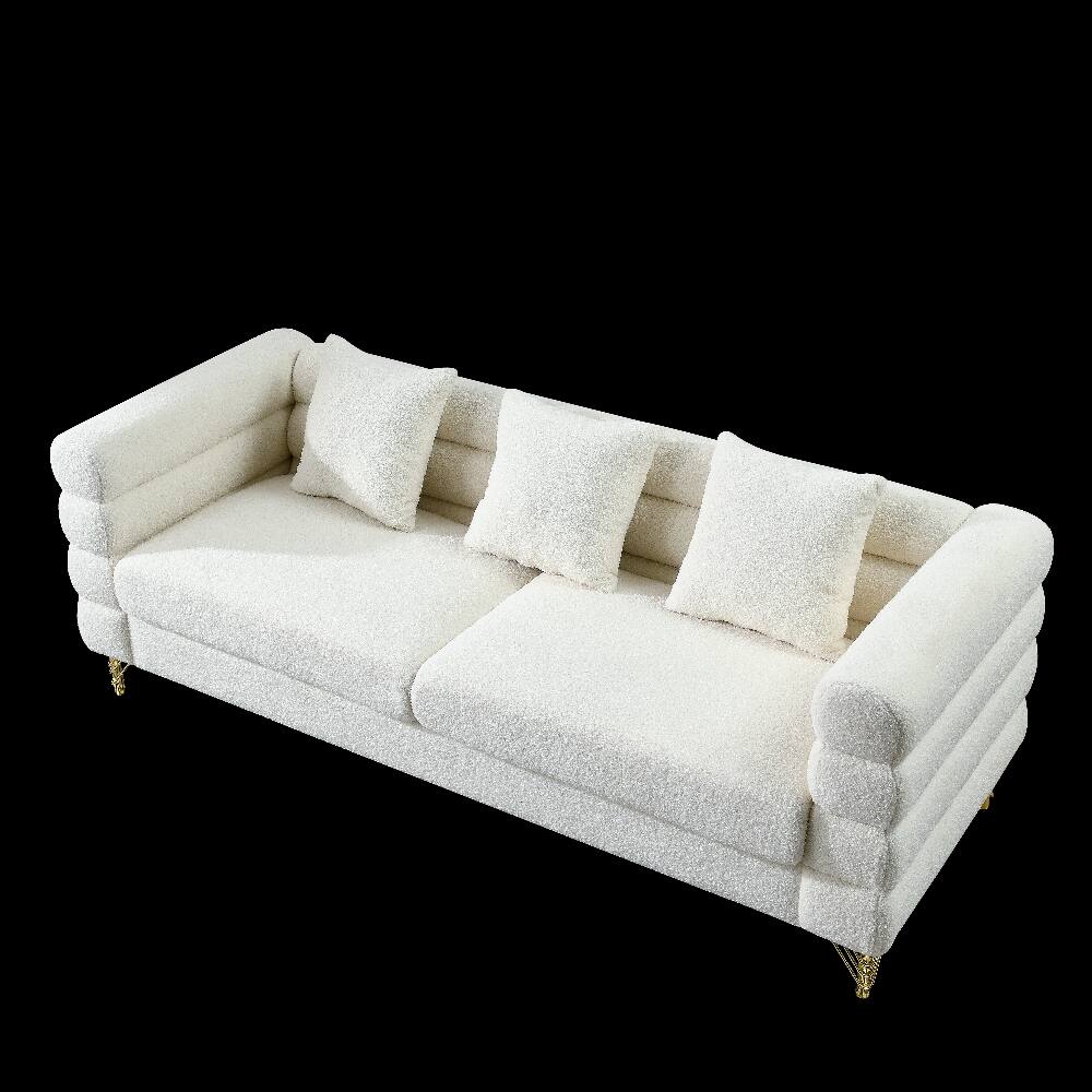 Back. Loheer - Loheer 81 Inch Oversized 3 Seater Sectional Sofa, White Teddy Fabric Deep Seating Couch with 3 Pillows for Living Room - Ivory.