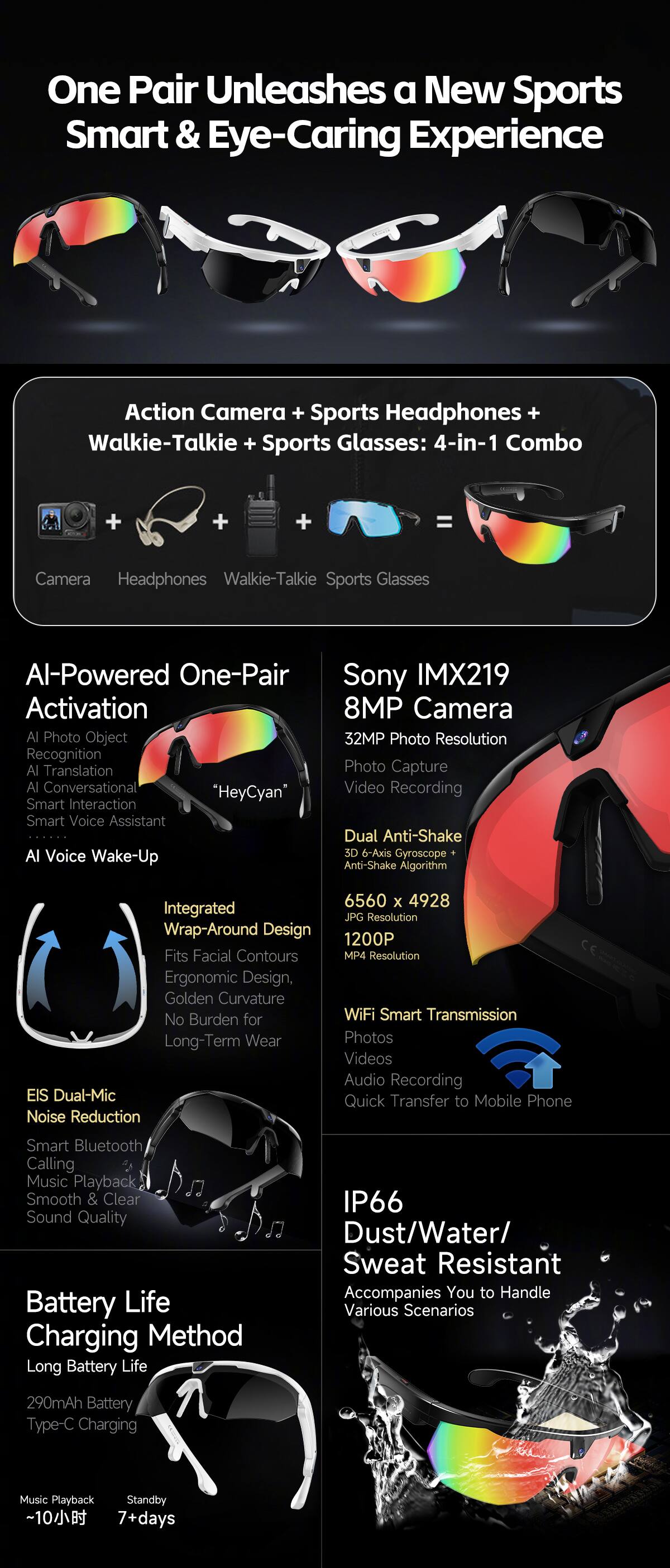 One Pair Unleashes a New Sports Smart & Eye-Caring Experience

Action Camera + Sports Headphones + Walkie-Talkie + Sports Glasses: 4-in-1 Combo

Camera + Headphones + Walkie-Talkie + Sports Glasses

AI-Powered One-Pair Activation
- AI Photo Object Recognition
- AI Translation
- AI Conversational "HeyCyan" Smart Interaction
- AI Voice Wake-Up

Sony IMX219 8MP Camera
- 32MP Photo Resolution
- Photo Capture
- Video Recording
- Dual Anti-Shake
- SD 6-Axis Gyroscope Anti-Shake Algorithm
- 6560 x 4928 JPG Resolution
- 1200P MP4 Resolution

Integrated Wrap-Around Design
- Fits Facial Contours
- Ergonomic Design
- Golden Curvature
- No Burden for Long-Term Wear

EIS Dual-Mic Noise Reduction
- Smart Bluetooth Calling
- Music Playback
- Smooth & Clear Sound Quality

WiFi Smart Transmission
- Photos
- Videos
- Audio Recording
- Quick Transfer to Mobile Phone

IP66 Dust/Water/Sweat Resistant

Battery Life Charging Method
- 