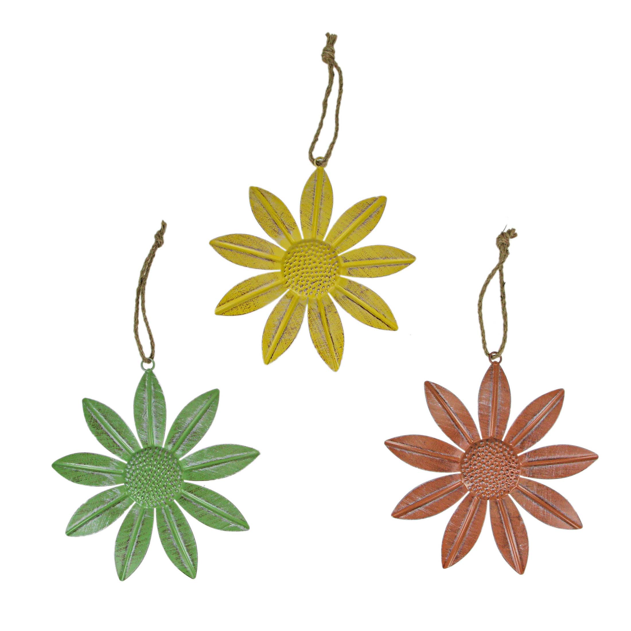 Special T Imports - 9 Inch Red Yellow Green Metal Flower Wall Hanging Sculpture Home Decor Art Set of 3 - Multicolored