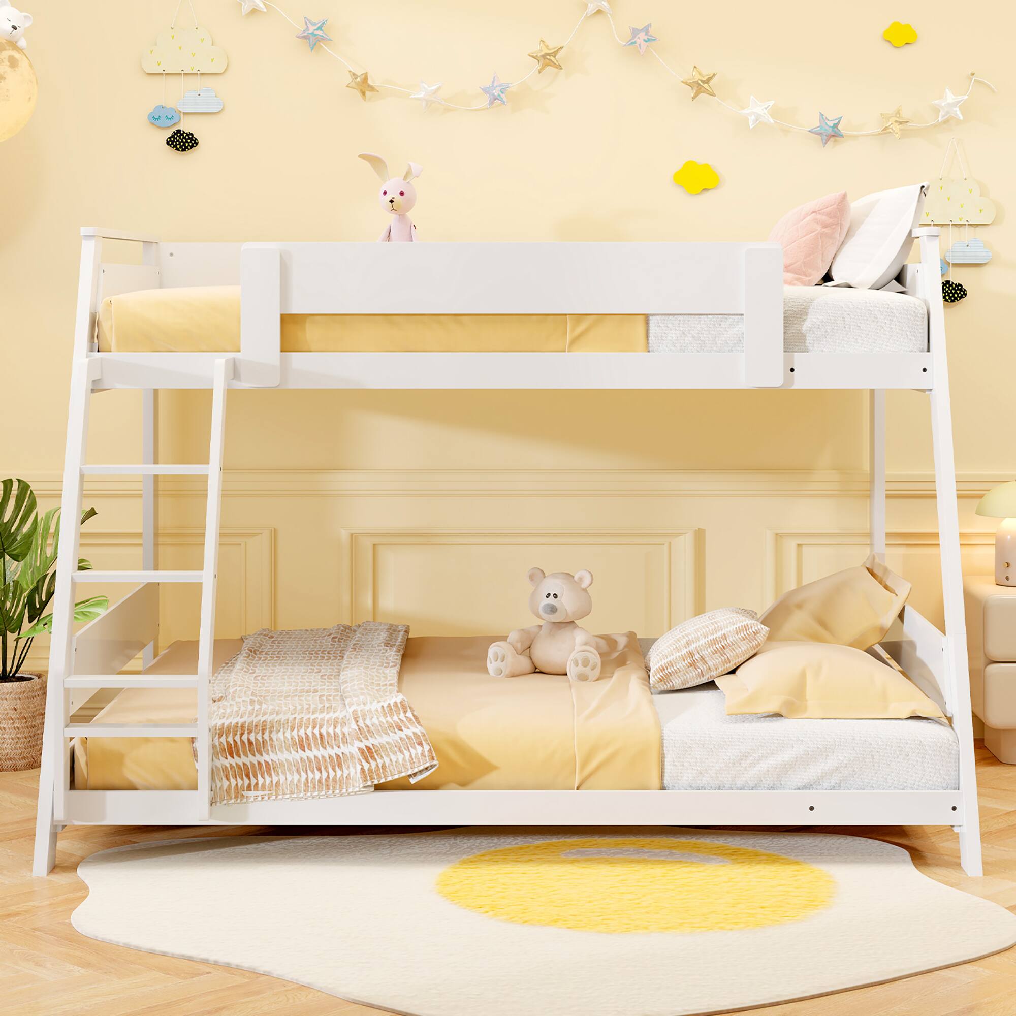 Alt View 4. Gymax - Gymax Twin Over Full Low Bunk Bed Solid Wooden Floor Bunk Bed w/ Reversible Ladder White - White.