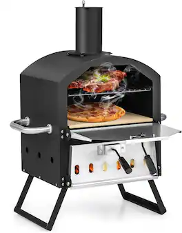Costway - Picnic Outdoor Pizza Oven, Wood Fire Stone with Peel, Waterproof Cover, Fold-up Legs - Black + Silver