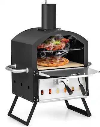 Front. Costway - Costway Picnic Outdoor Pizza Oven, Wood Fire Stone with Peel, Waterproof Cover, Fold-up Legs - Black.