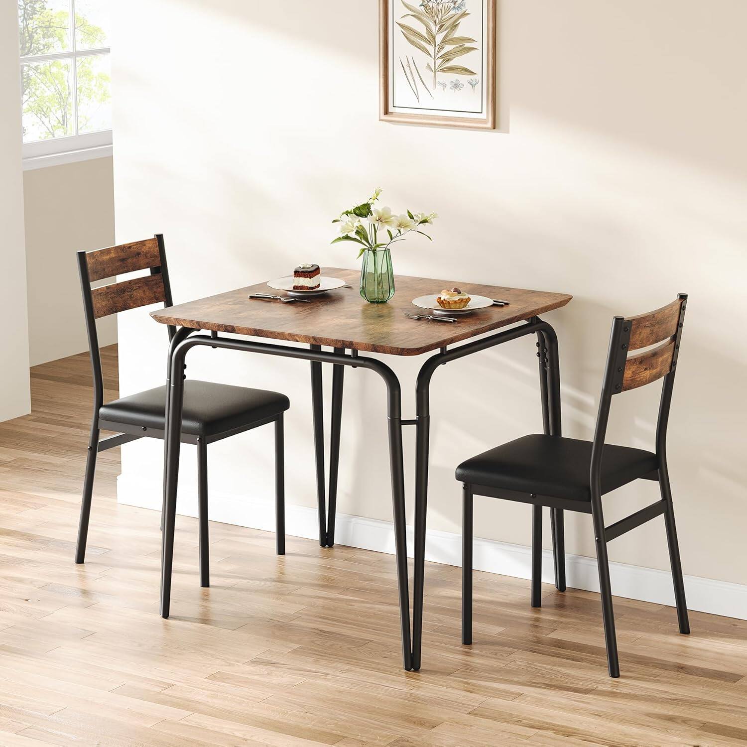 Back. Qeetex - 3-Piece Kitchen Table and Chairs for 2, Modern Small Dining Table Set for Apartments, Home, Office, Dinette Furniture - Brown.
