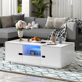 Tiramisubest - Modern High Glossy Rectangle Coffee Table,Stylish Center Table with Storage Space,Accent Table with 16 Color LED Lights - White