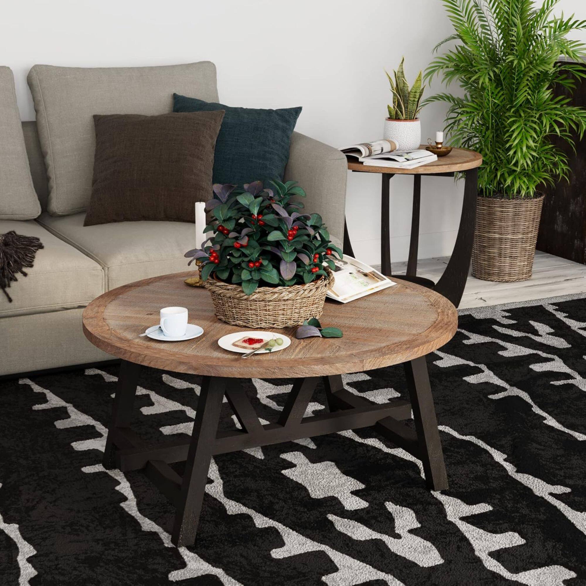 Alt View 5. COZAYH - COZAYH Rustic Farmhouse Round Coffee Table with Geometric Base for Living Room - Black & Brown.
