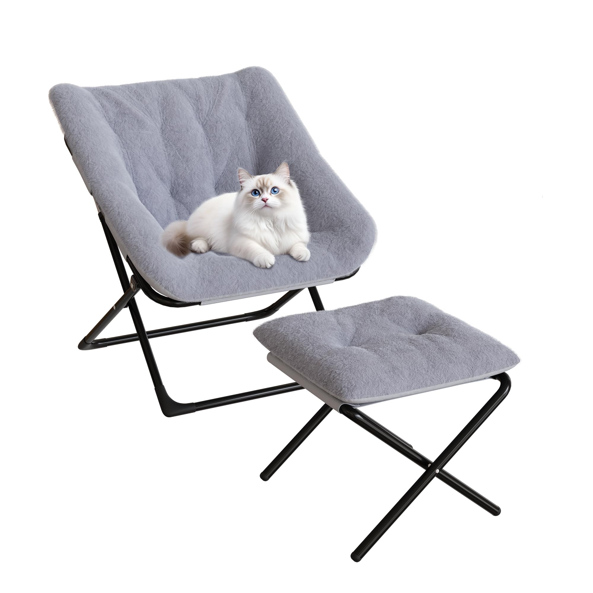 Front. Jojoka - Folding Dish Saucer Chair with Ottoman, Oversized Faur Fur Lazy Sofa XL Foldable Lounge Comfy Accent Chair - Gray.
